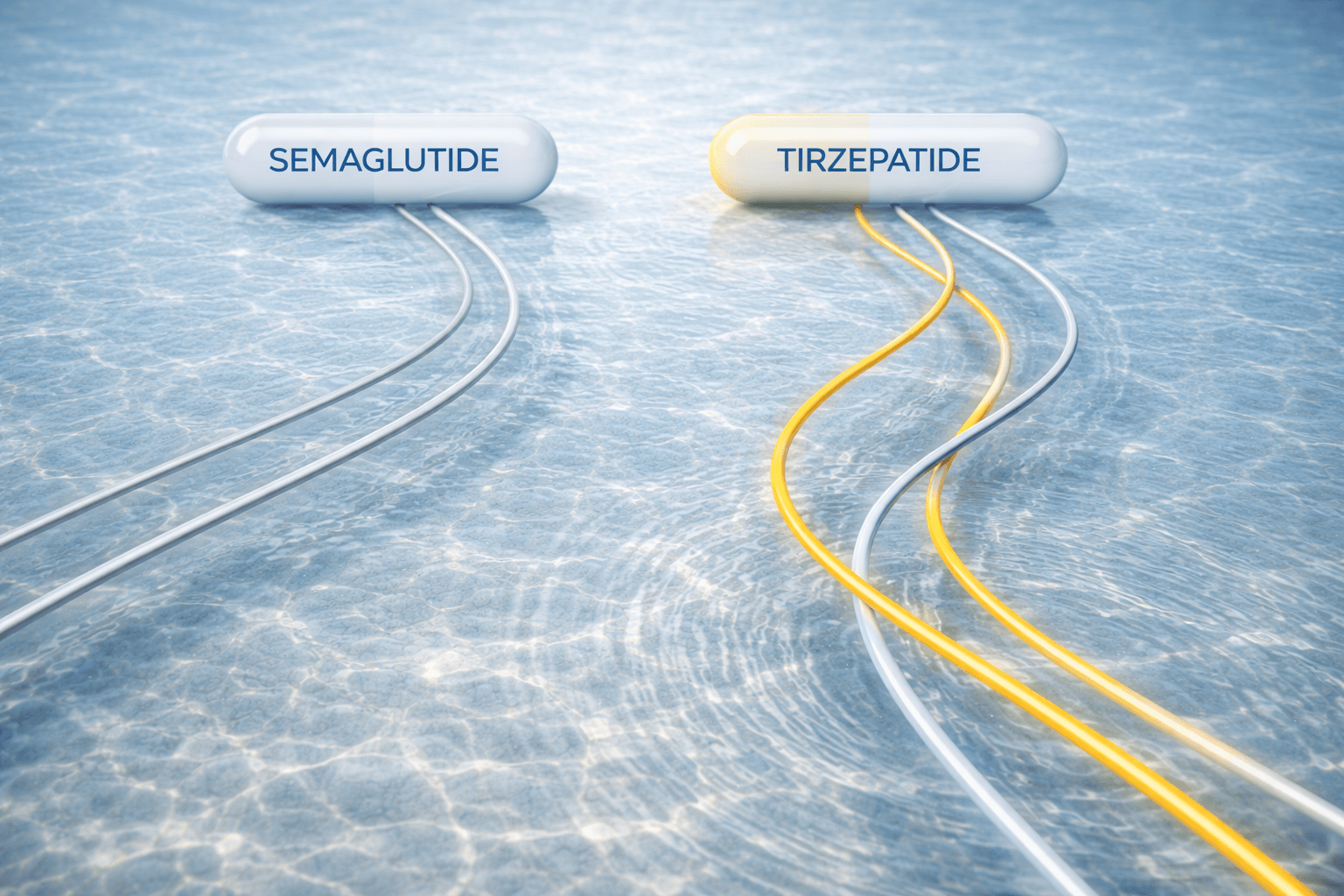 Comparison of semaglutide and tirzepatide shown as diverging pathways in water, representing differences in appetite control and metabolism