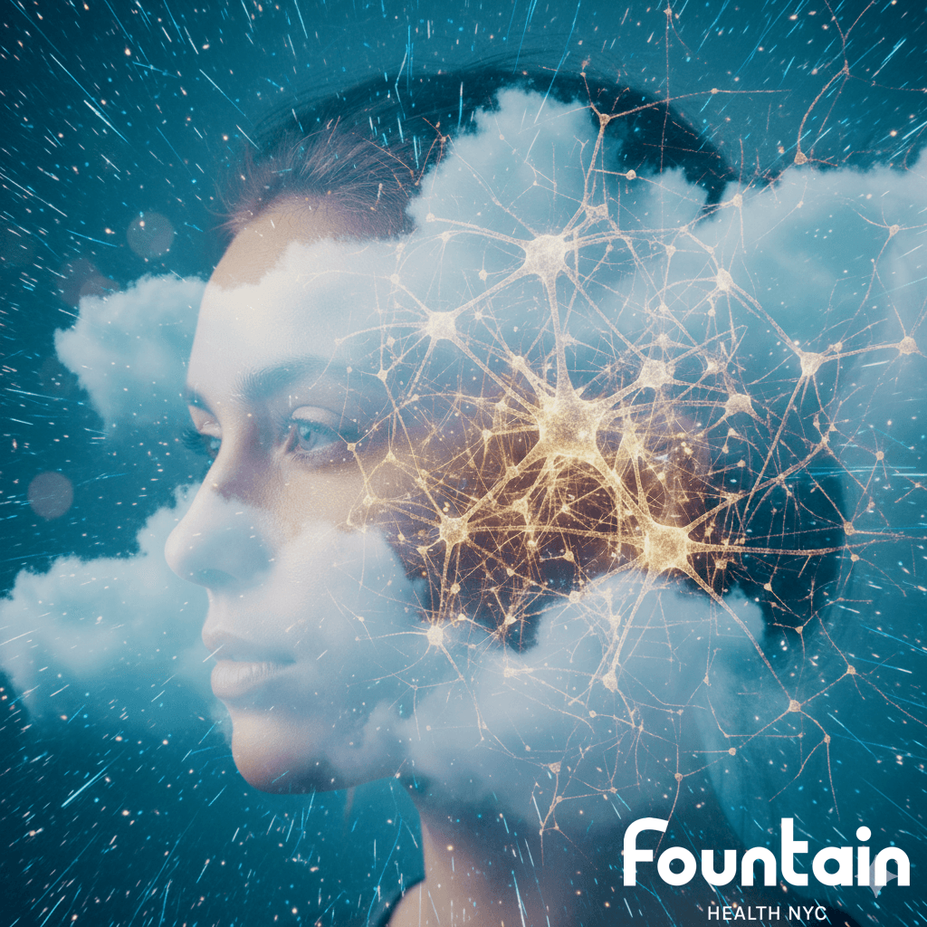 A stylized image showing a glowing, subtle human head with a myriad of neural connections and illuminated pathways with soft clouds and cosmic energy as an overlay to communicate calm mental space post IV ketamine therapy. The background is slightly abstract sparks meet sky meet infinity..