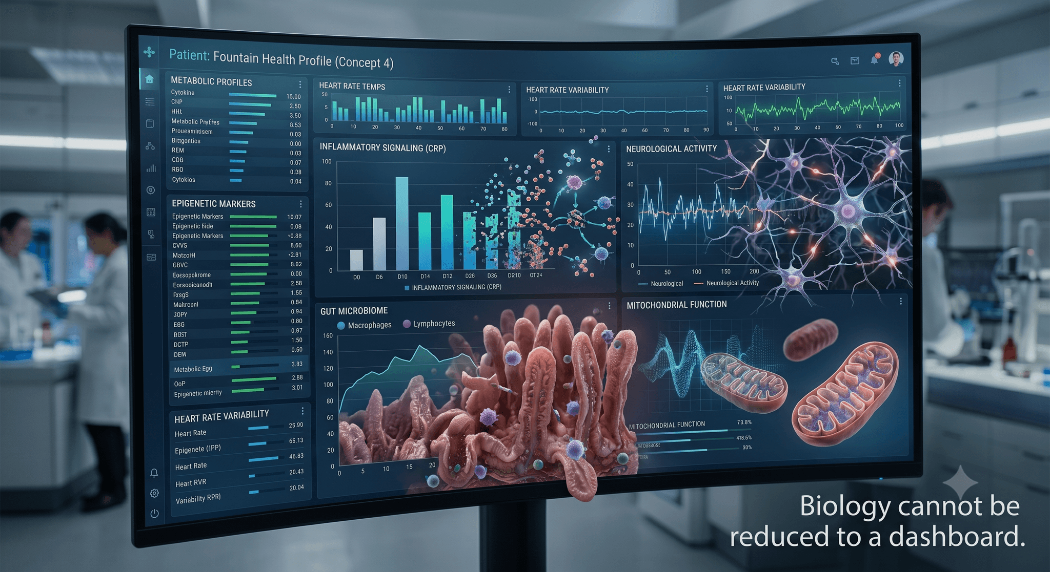 Editorial illustration representing the limits of biohacking, showing a longevity biomarker dashboard transforming into complex human biology like the nervous and immune systems.