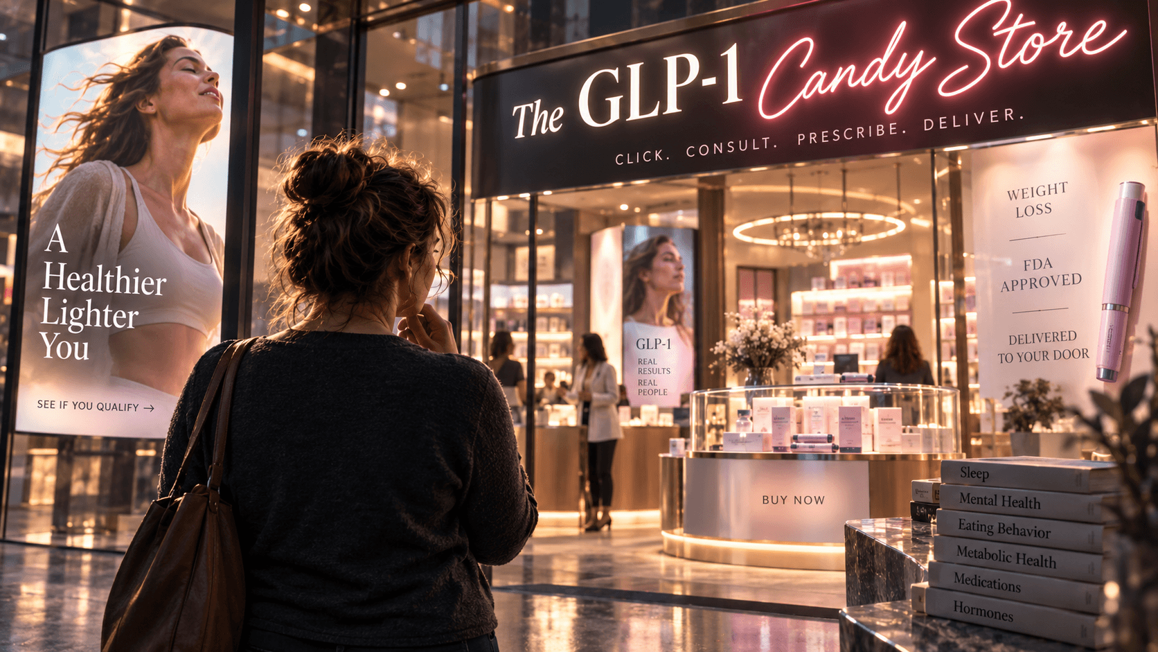 Woman facing a brightly marketed GLP-1 storefront illustrating online weight-loss drug advertising and prescription-first medicine