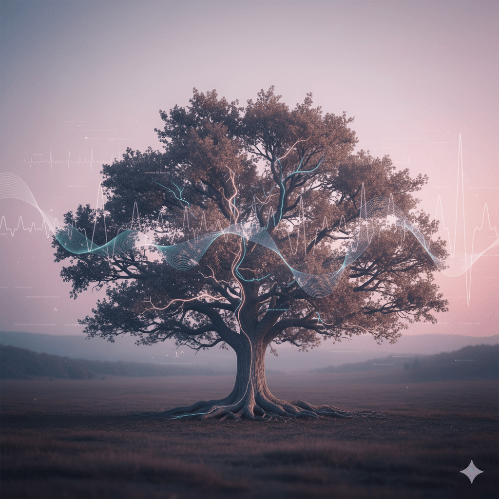 a mature full size tree in early morning amidst pink glow, with flowing diagrams and patterns symbolizing one's energy, health and unified biosystem