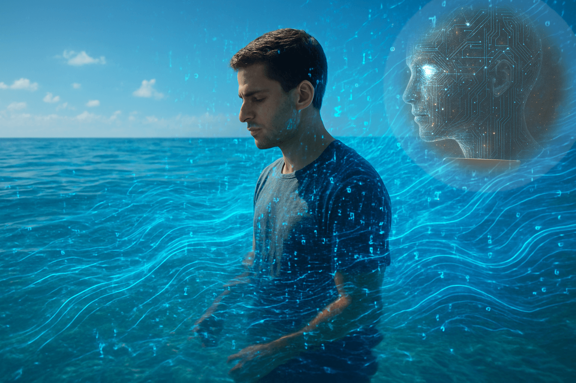 A young man standing in a digital ocean overwhelmed by digital data flows and diminished by ChatGPT / AI capabilities