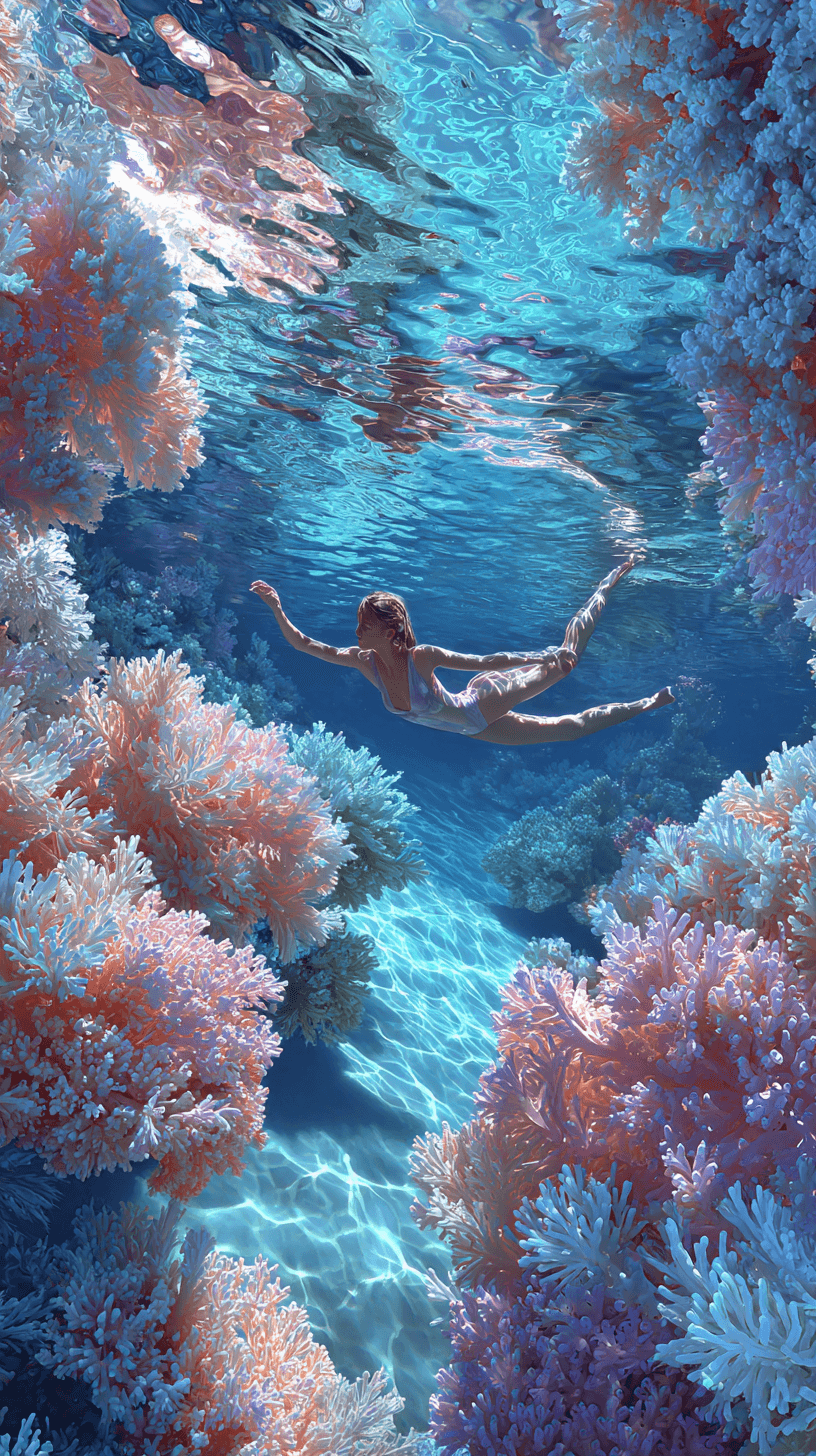 Person gliding beneath the sunlit, crystal-blue ocean surface, surrounded by pastel coral reefs — evoking a sense of clarity, renewal, and discovery.