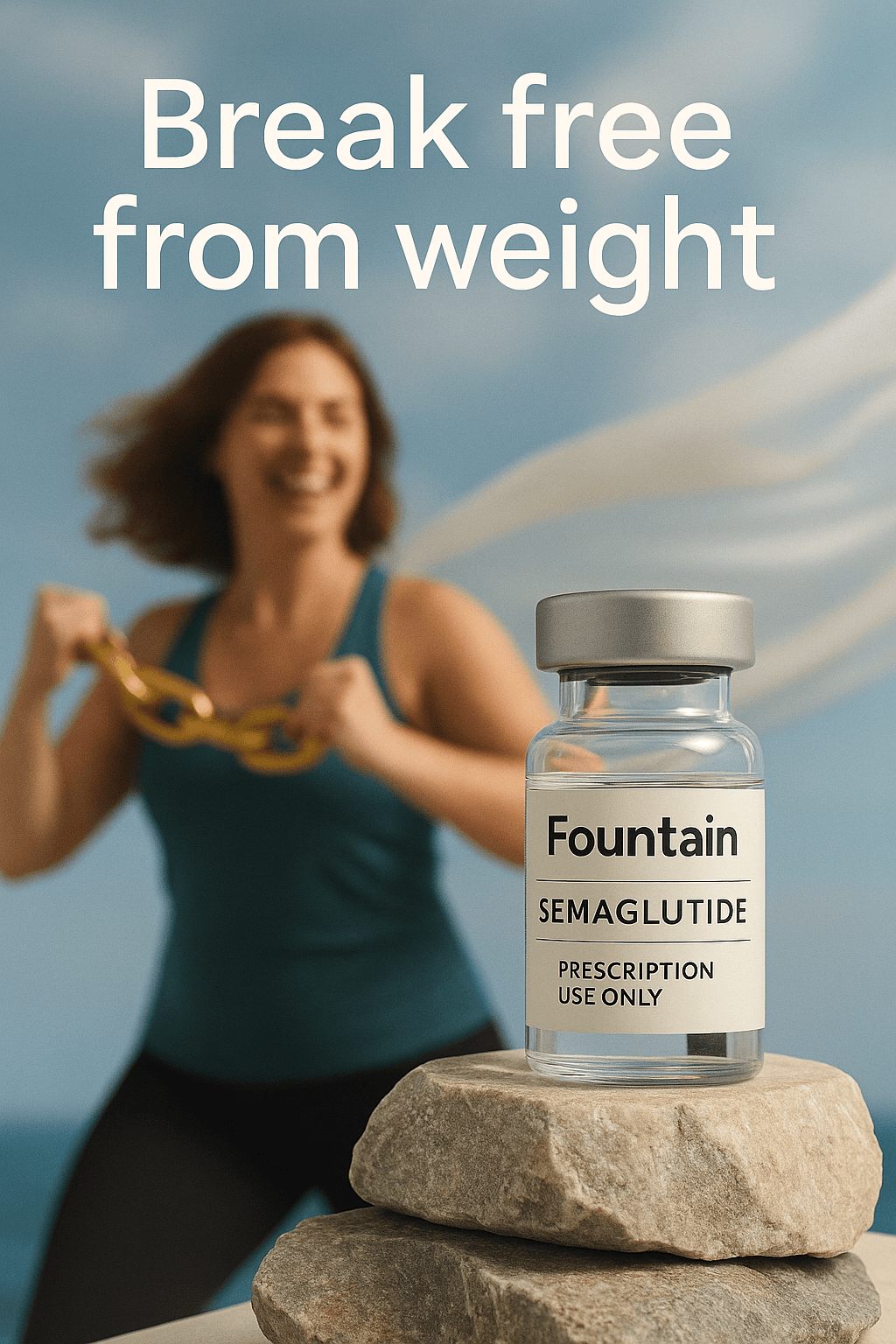 Semaglutide vial on granite rock in sharp focus, with a blurred woman in the background breaking a heavy gold chain, overlaid text reading “Break free from weight.”