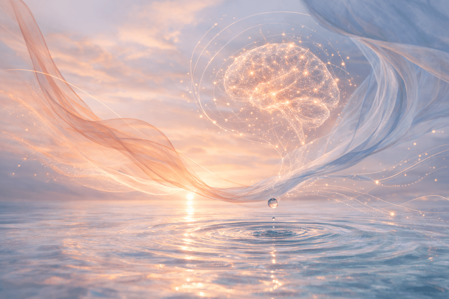 Translucent coral and blue fabric drifting over calm water with gentle ripples and a luminous brain-shaped network representing biological mental health care.