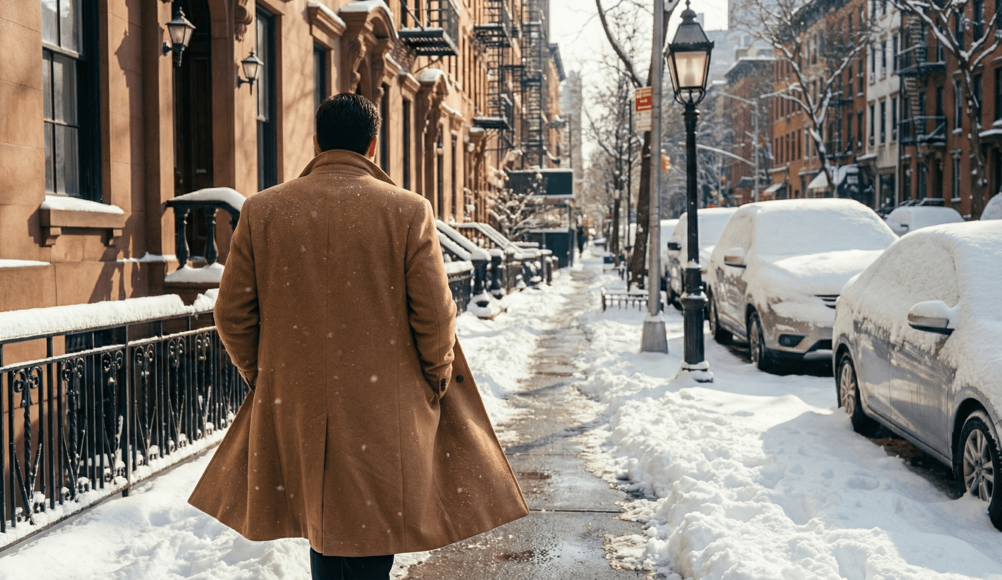 A snowy street in New York City, a man walking down a path illuminated by sun, symbolizing clarity and positive development Fountain Health NYC care to people's lives.