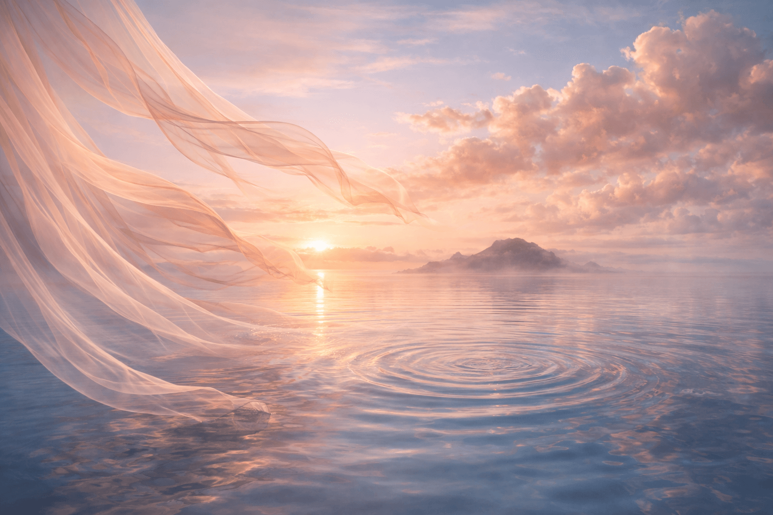 Translucent veils blowing over calm water with soft concentric ripples, coral clouds, and a hazy island on the horizon; symbolizing firm goals, direction and promise. .