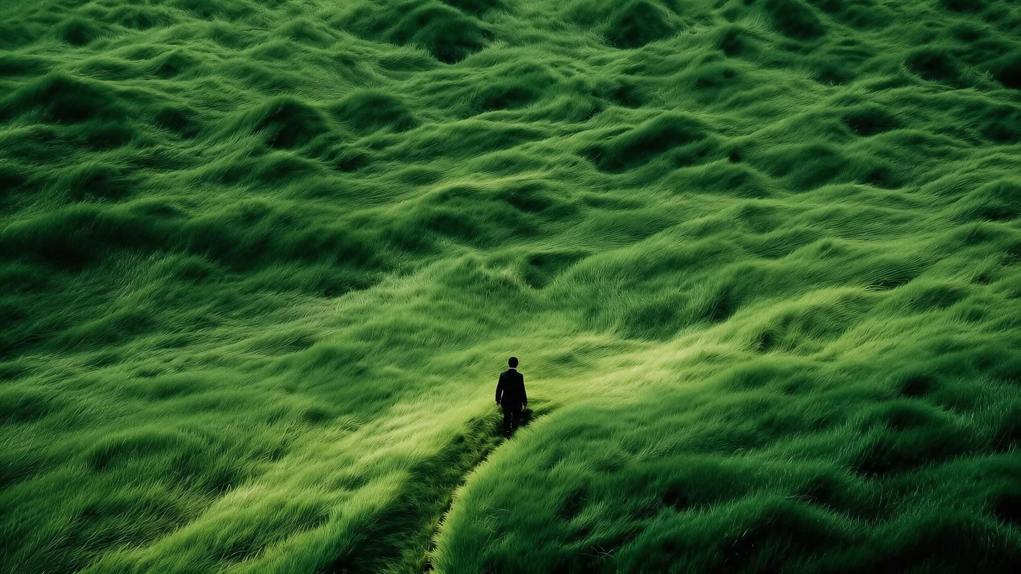 A person on a path through a luscious green landscape