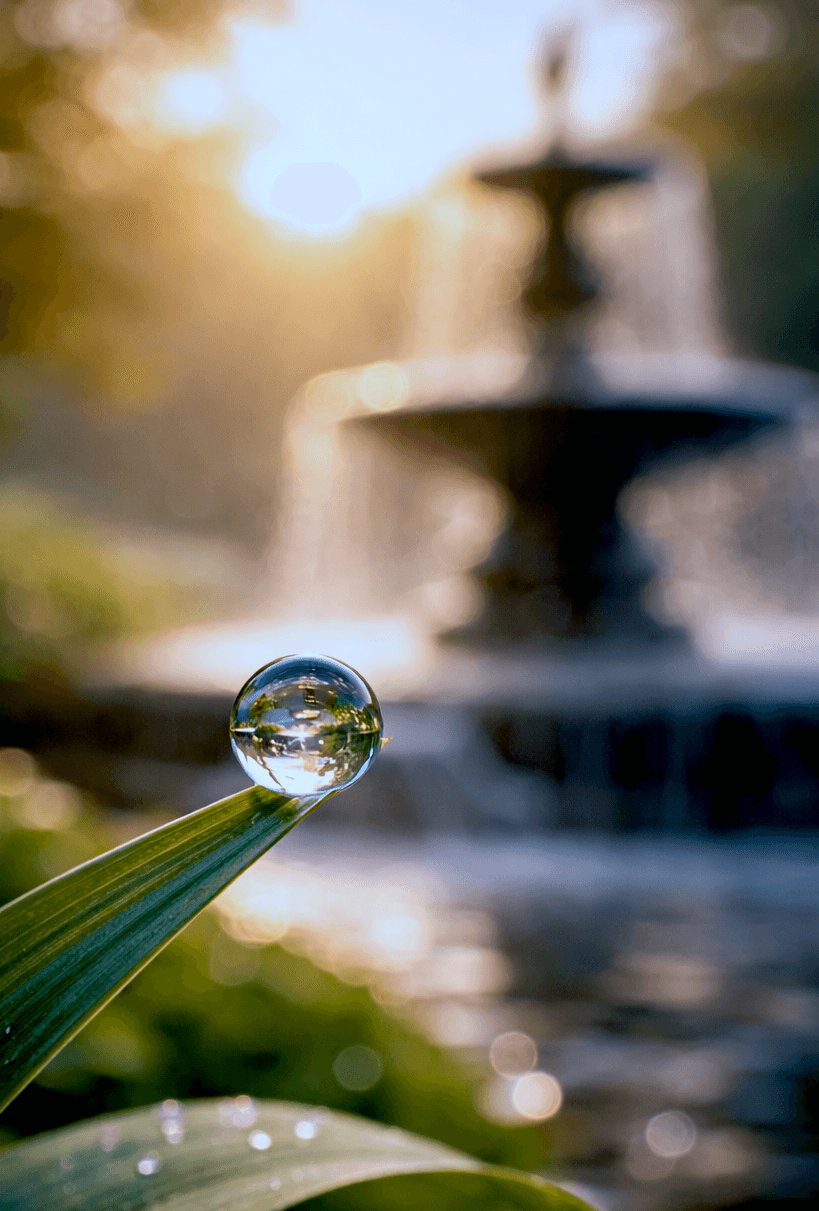 This image shows a macro shot of a drop, crystal clear transparent; with a large blurred classic fountain background dissipating into gentle sunrise; symbolizing clear approach to mental health at Fountain Health NYC.