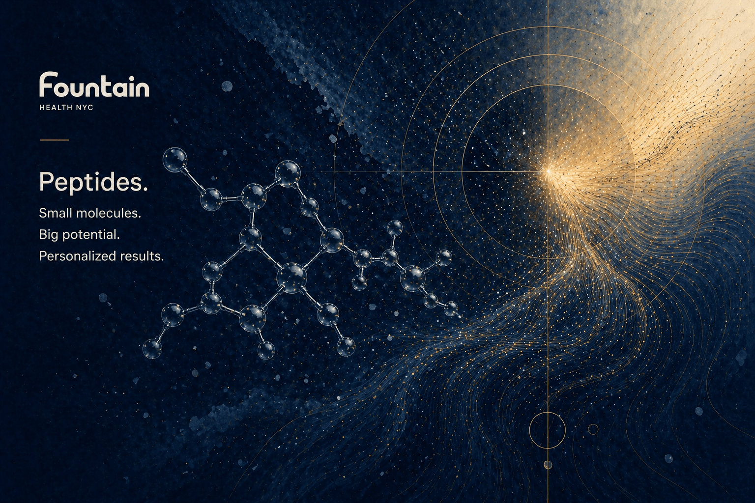 Minimal biotech composition with molecular structure, fluid motion, light, and precision tools, evoking peptide therapy and data-driven medicine.