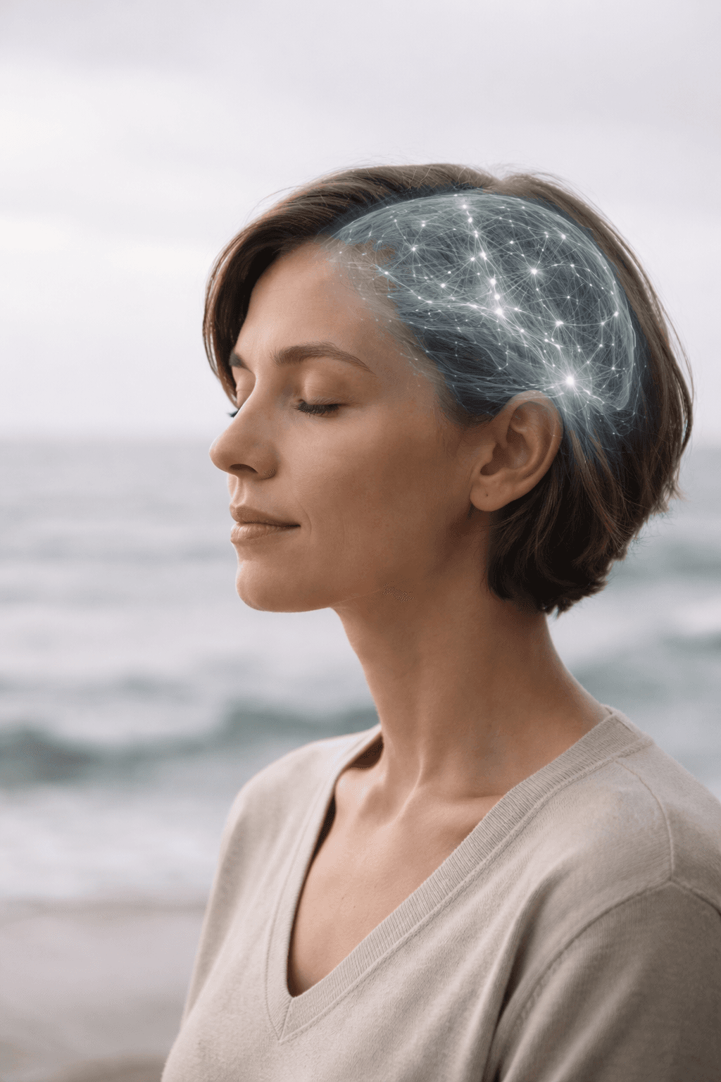 Calm patient portrait with subtle neural overlay representing physician-led ketamine therapy protocol in New York City