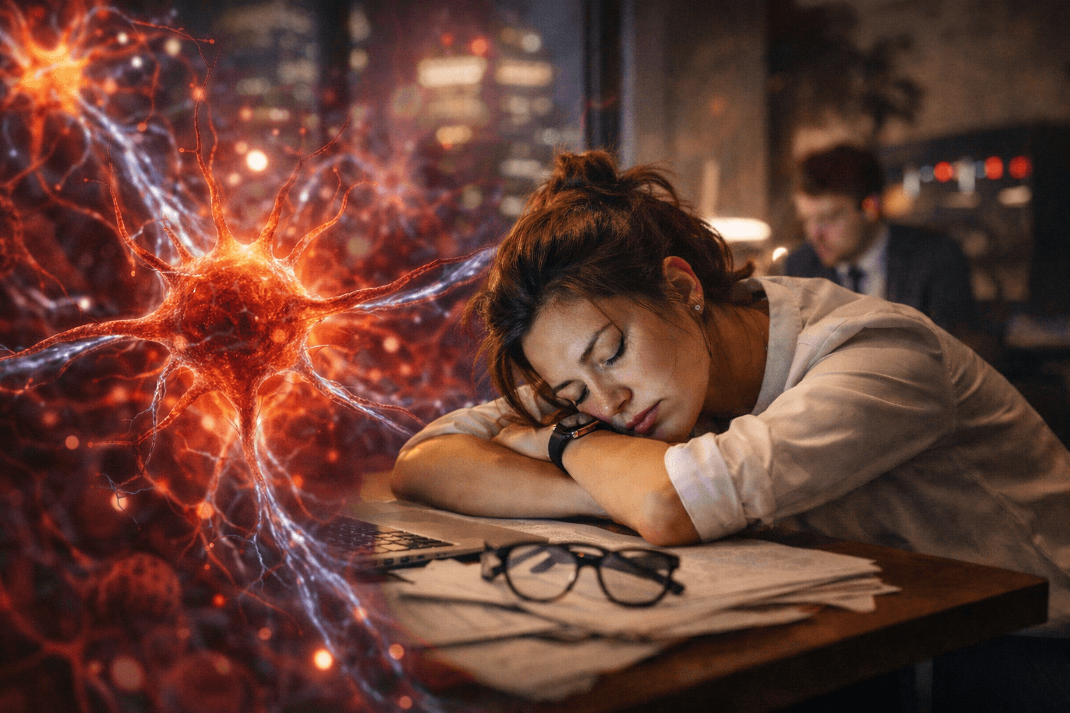 A young urban professional woman rests her head on her arms at a cluttered desk, exhausted from work. In the background, a vivid, photorealistic close-up of inflamed nerve cells glows red and orange, visually representing chronic stress and nervous system activation.