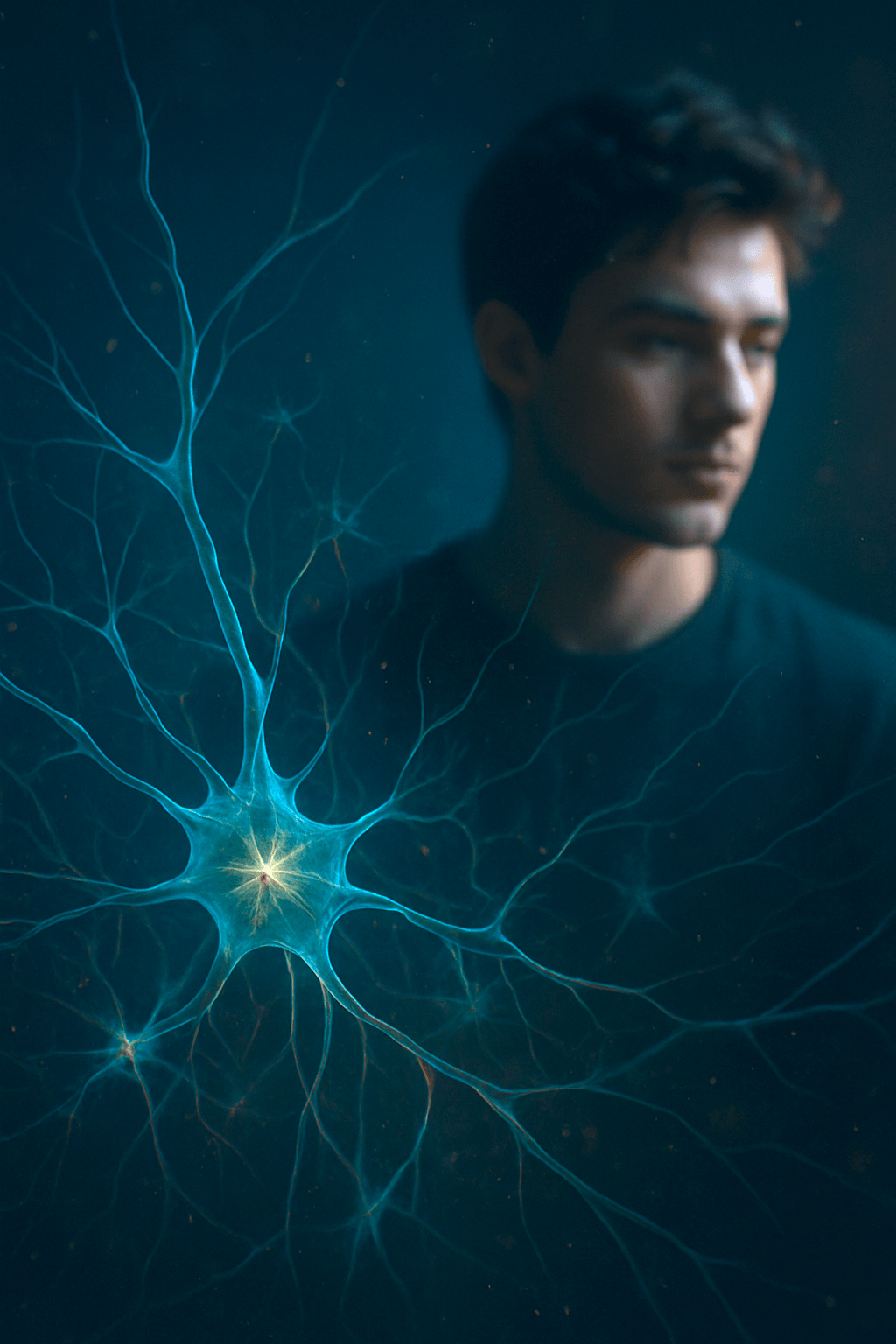 A contemplating Gen Z male on the background of astroglia cells fostering the conversation about mindfulness and mental health