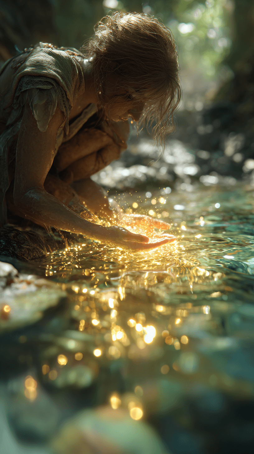 a photorealistic image of a young woman near a small stream symbolizing rejuvenating powers of water and Fountain Health