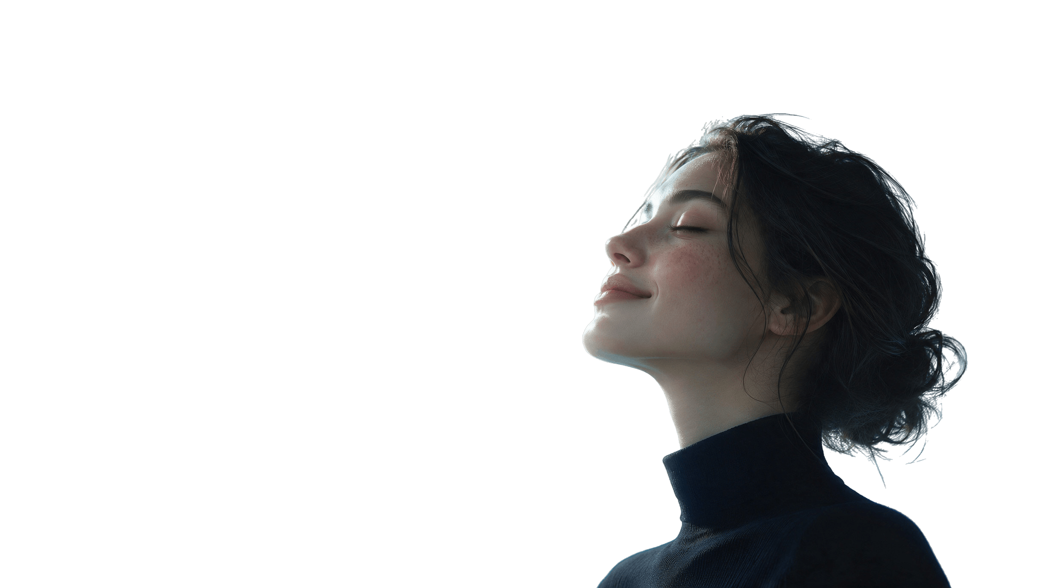 Serene woman with eyes closed, gently tilting her face upward against a blue background.