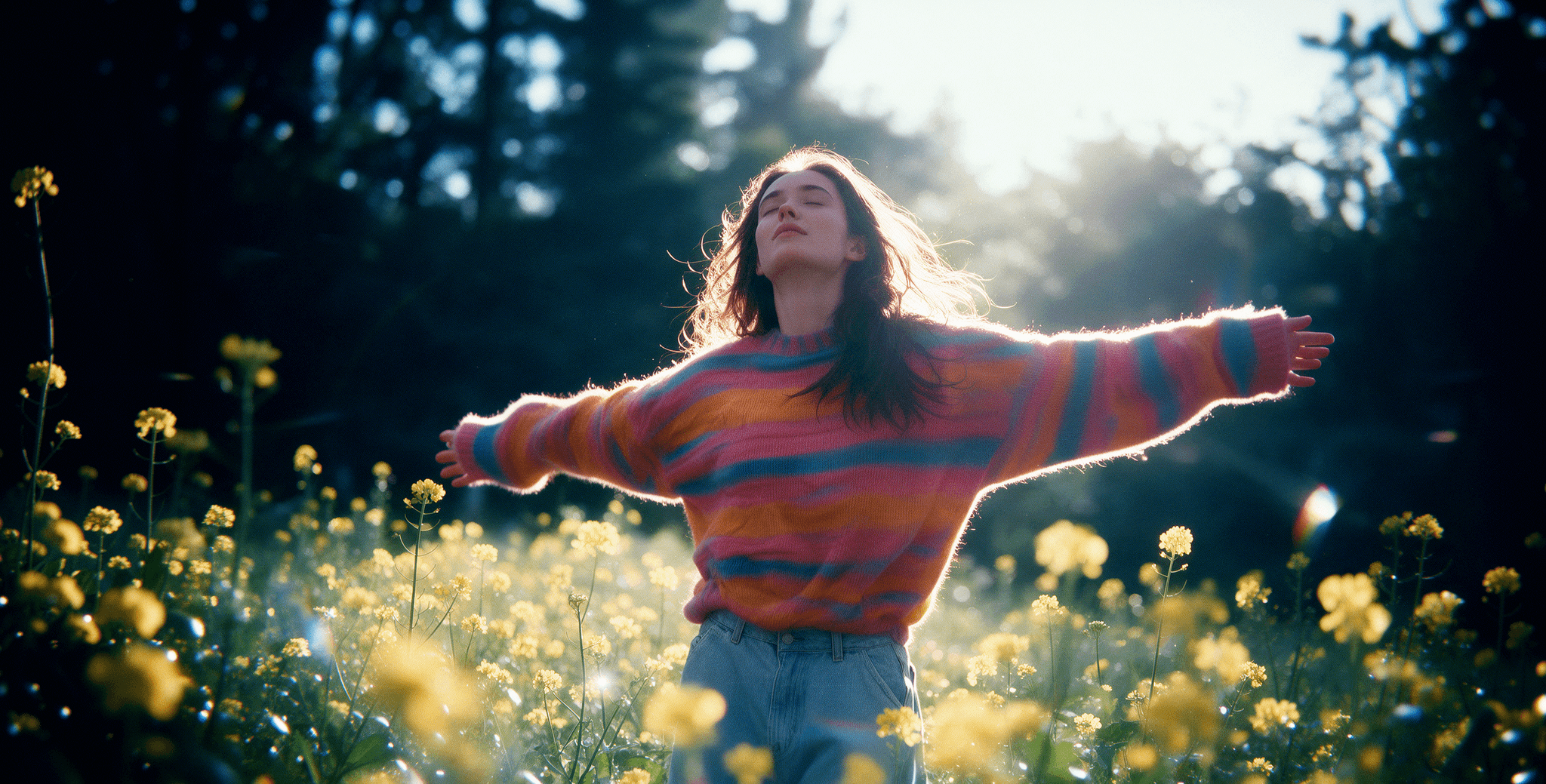 Young woman with opened up hands standing blissfully in a meadow filled with flowers and light filtering through the forest edge