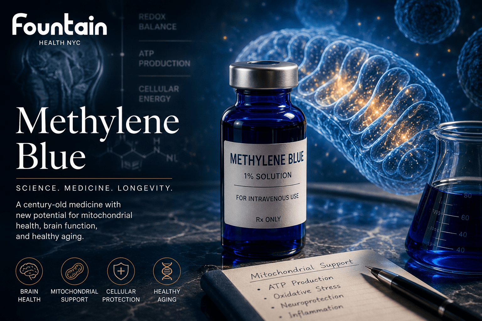 Methylene blue vial with laboratory glassware and a glowing mitochondrion, illustrating mitochondrial health, cellular energy, and precision medicine.