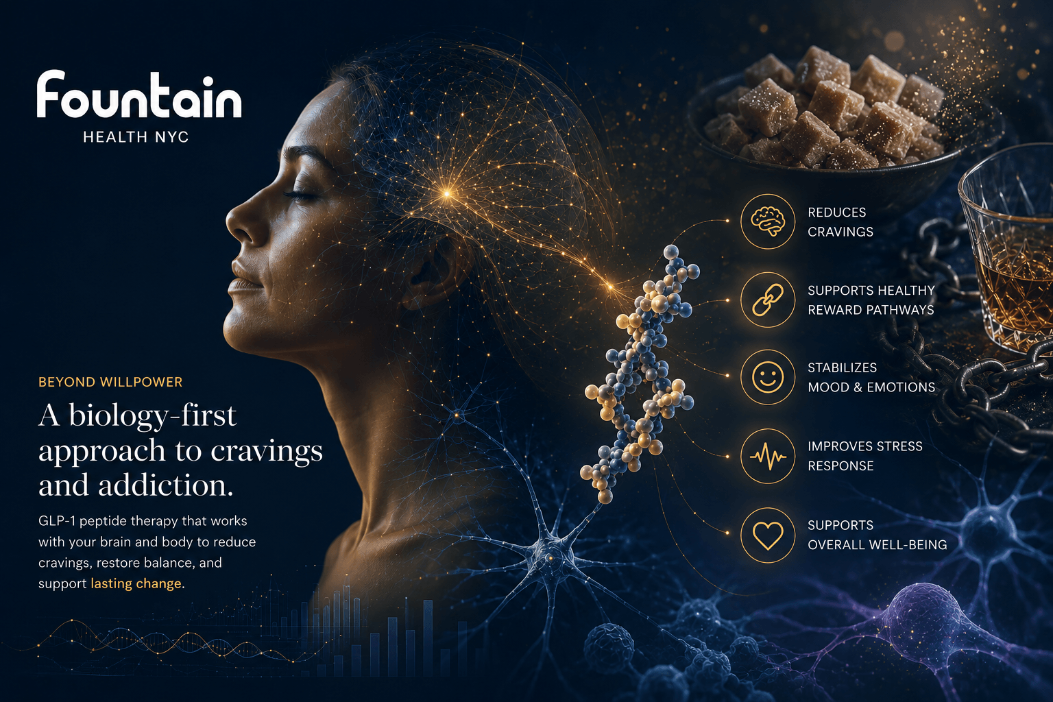 image of a human head, neurons and molecular structures with sugar cubes and cocktail glass; showing connection between brain activity cravings and addiction, and GLP-1 positive effects to help struggling patients.