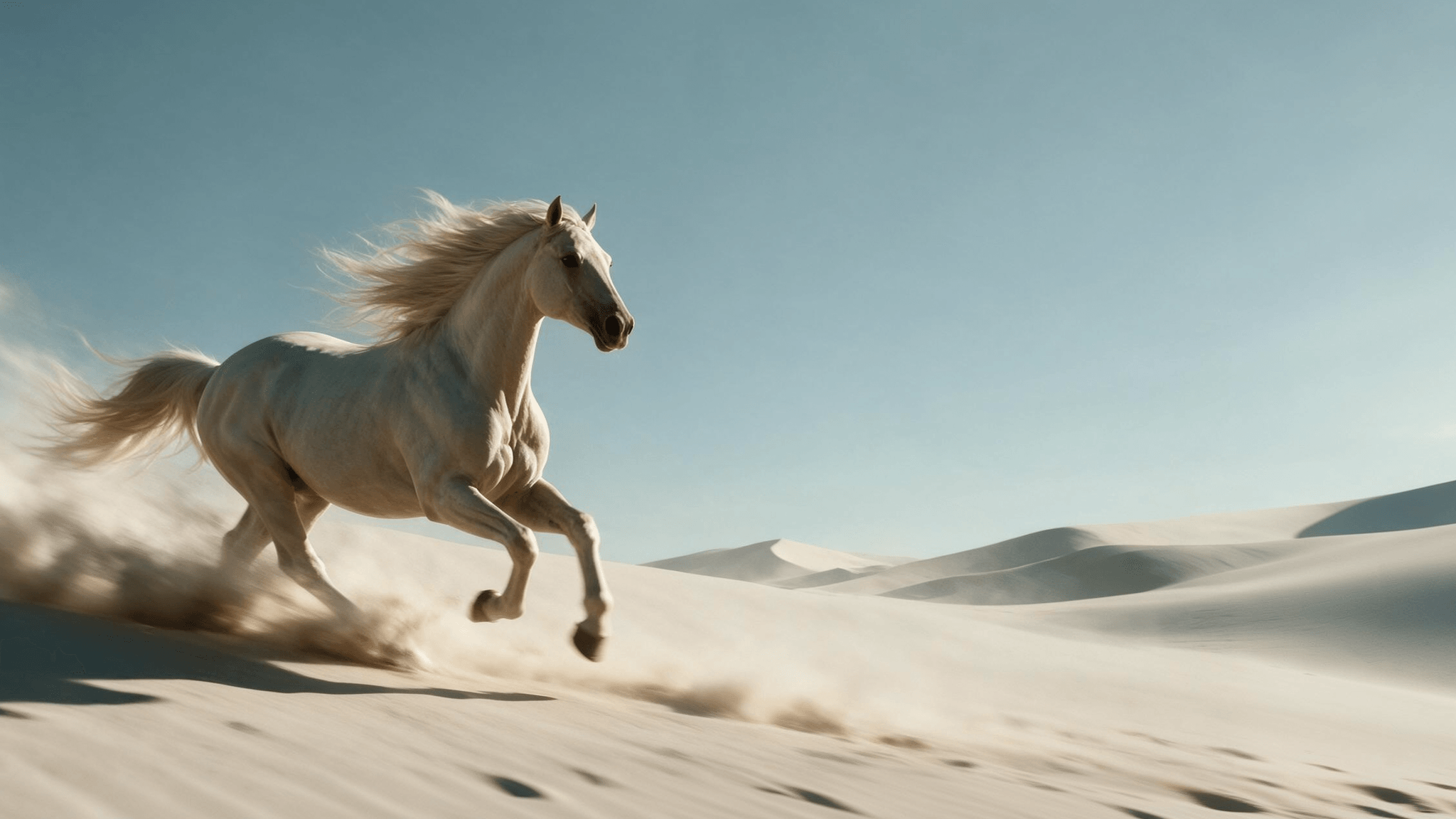 An white horse running through the dunes as a symbol of energy, stamina and strength